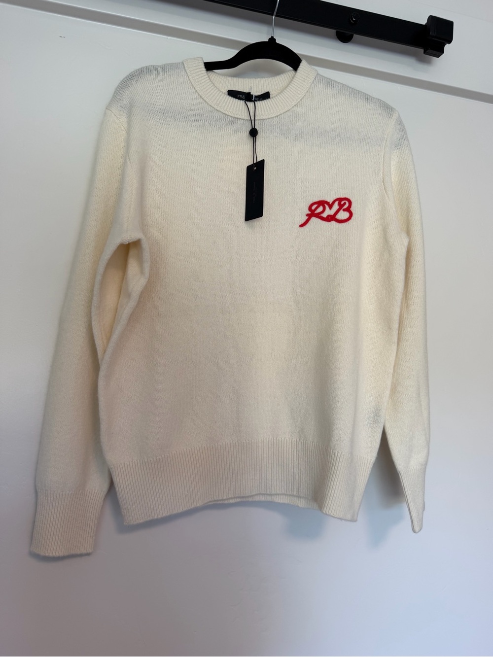 Rag & Bone Cream Crewneck Sweater with Red Script Emblem NWT XS